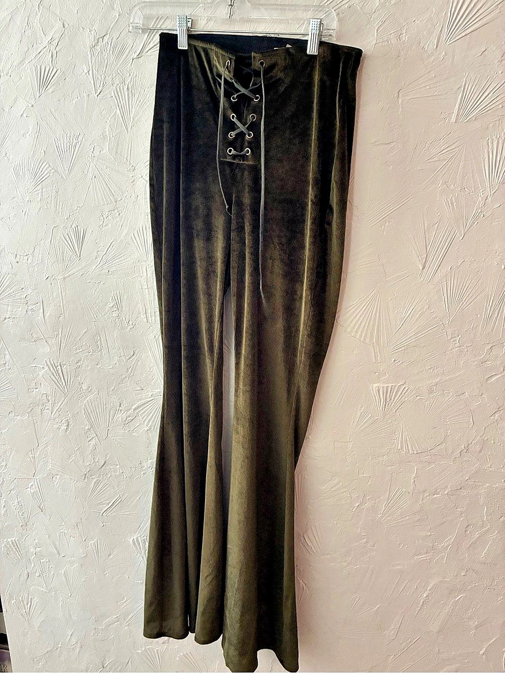 Velour Olive green Lace-Up Wide Leg Pants